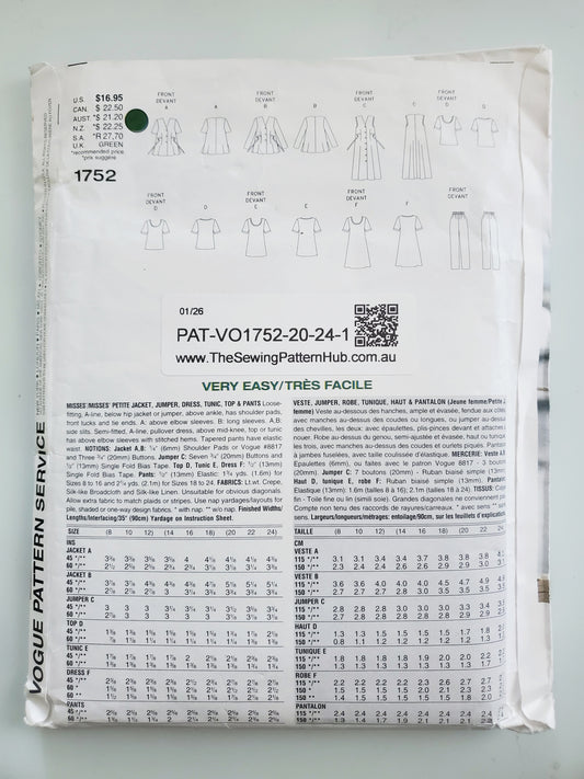 VOGUE Pattern 1752 Five Easy Pieces, Dress, Jacket, Jumper, Tunic, Top, Pants, Size 20-24
