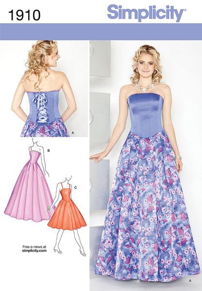 SIMPLICITY Sewing Pattern 1910 Dress with Boning, Full Skirt, Strapless Bodice, Prom, Evening Dress  SIZE 6-14