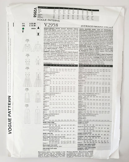 VOGUE PATTERNS, Sewing Pattern V2958, VOGUE WARDROBE, Jacket, Bustier, Dress, Skirt, Pants, Size 10-14