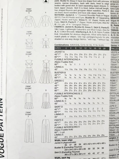 VOGUE PATTERNS, Sewing Pattern V2958, VOGUE WARDROBE, Jacket, Bustier, Dress, Skirt, Pants, Size 10-14