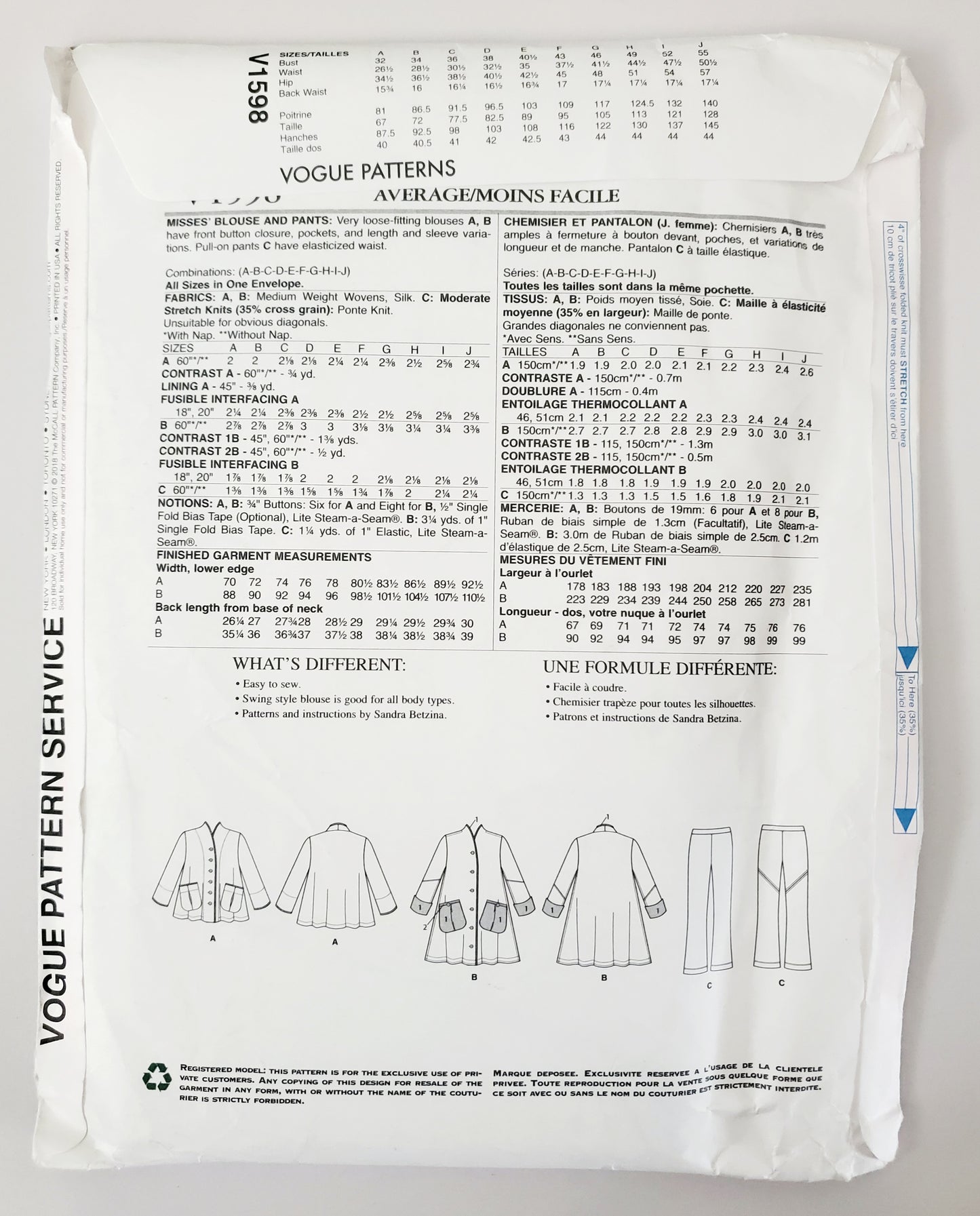 VOGUE PATTERNS, Sewing Pattern V1598, TODAY'S FIT BY SANDRA BETZINA, Blouse, Medium Weight Blouse, Pants All Sizes