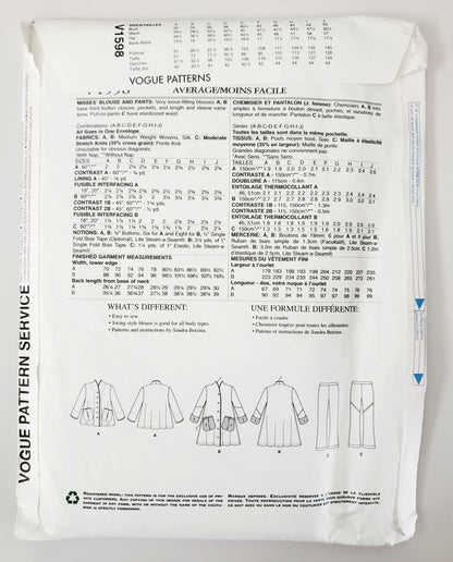 VOGUE PATTERNS, Sewing Pattern V1598, TODAY'S FIT BY SANDRA BETZINA, Blouse, Medium Weight Blouse, Pants All Sizes