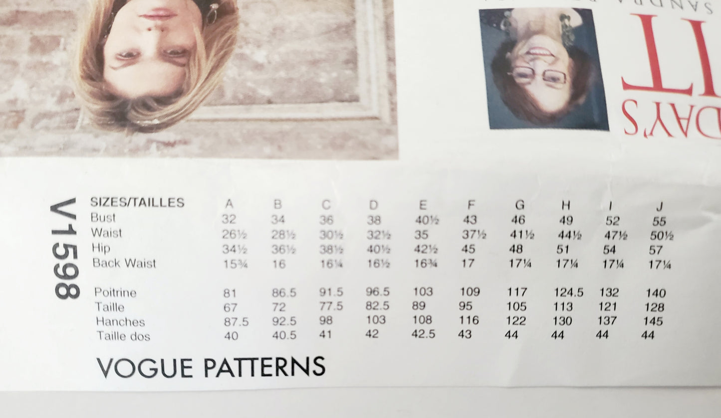VOGUE PATTERNS, Sewing Pattern V1598, TODAY'S FIT BY SANDRA BETZINA, Blouse, Medium Weight Blouse, Pants All Sizes