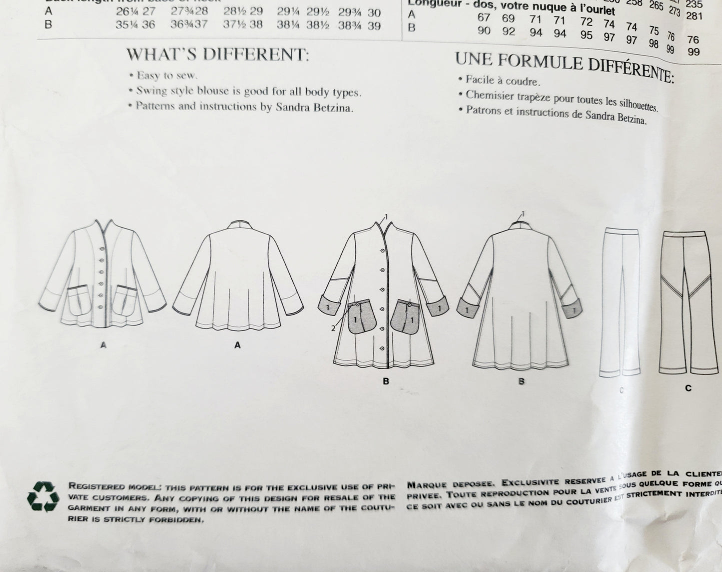 VOGUE PATTERNS, Sewing Pattern V1598, TODAY'S FIT BY SANDRA BETZINA, Blouse, Medium Weight Blouse, Pants All Sizes