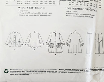 VOGUE PATTERNS, Sewing Pattern V1598, TODAY'S FIT BY SANDRA BETZINA, Blouse, Medium Weight Blouse, Pants All Sizes