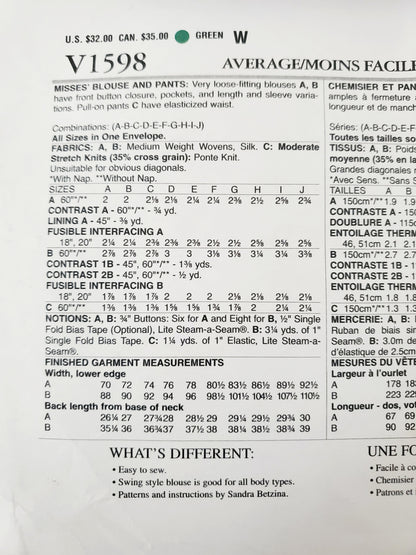 VOGUE PATTERNS, Sewing Pattern V1598, TODAY'S FIT BY SANDRA BETZINA, Blouse, Medium Weight Blouse, Pants All Sizes