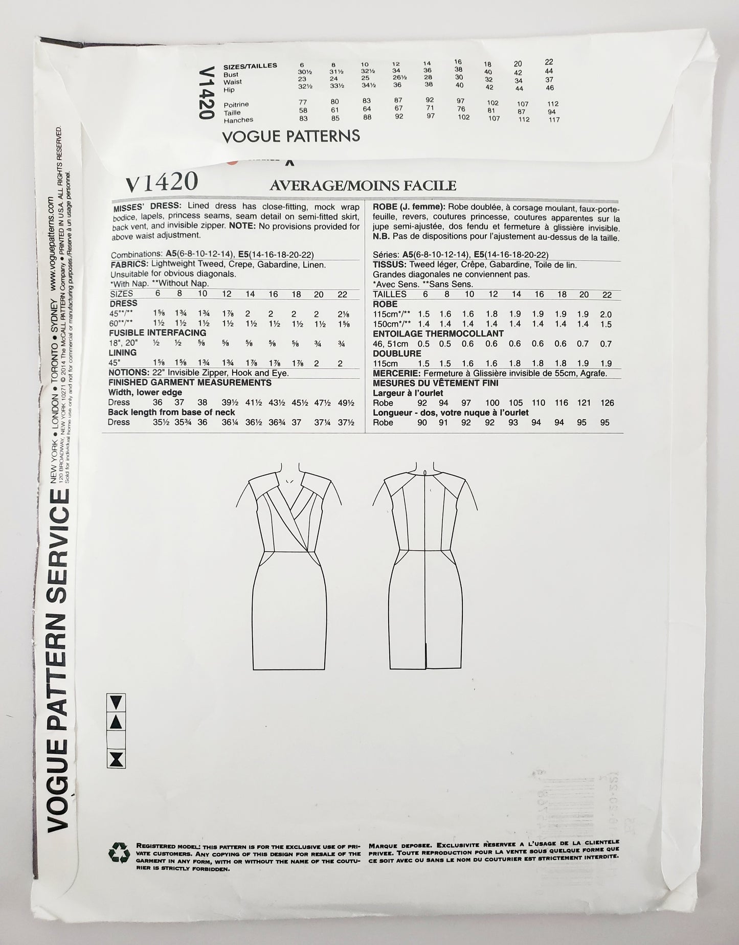 VOGUE PATTERNS, Sewing Pattern V1420, ANNE KLEIN, AMERICAN DESIGNER, Dress, Size 14-22