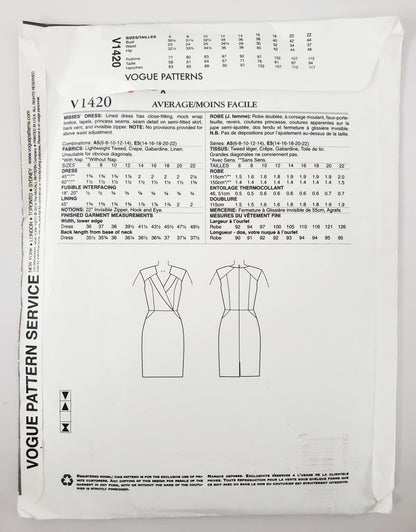 VOGUE PATTERNS, Sewing Pattern V1420, ANNE KLEIN, AMERICAN DESIGNER, Dress, Size 14-22