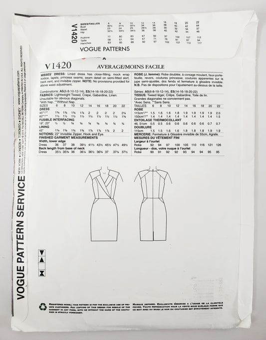 VOGUE PATTERNS, Sewing Pattern V1420, ANNE KLEIN, AMERICAN DESIGNER, Dress, Size 14-22