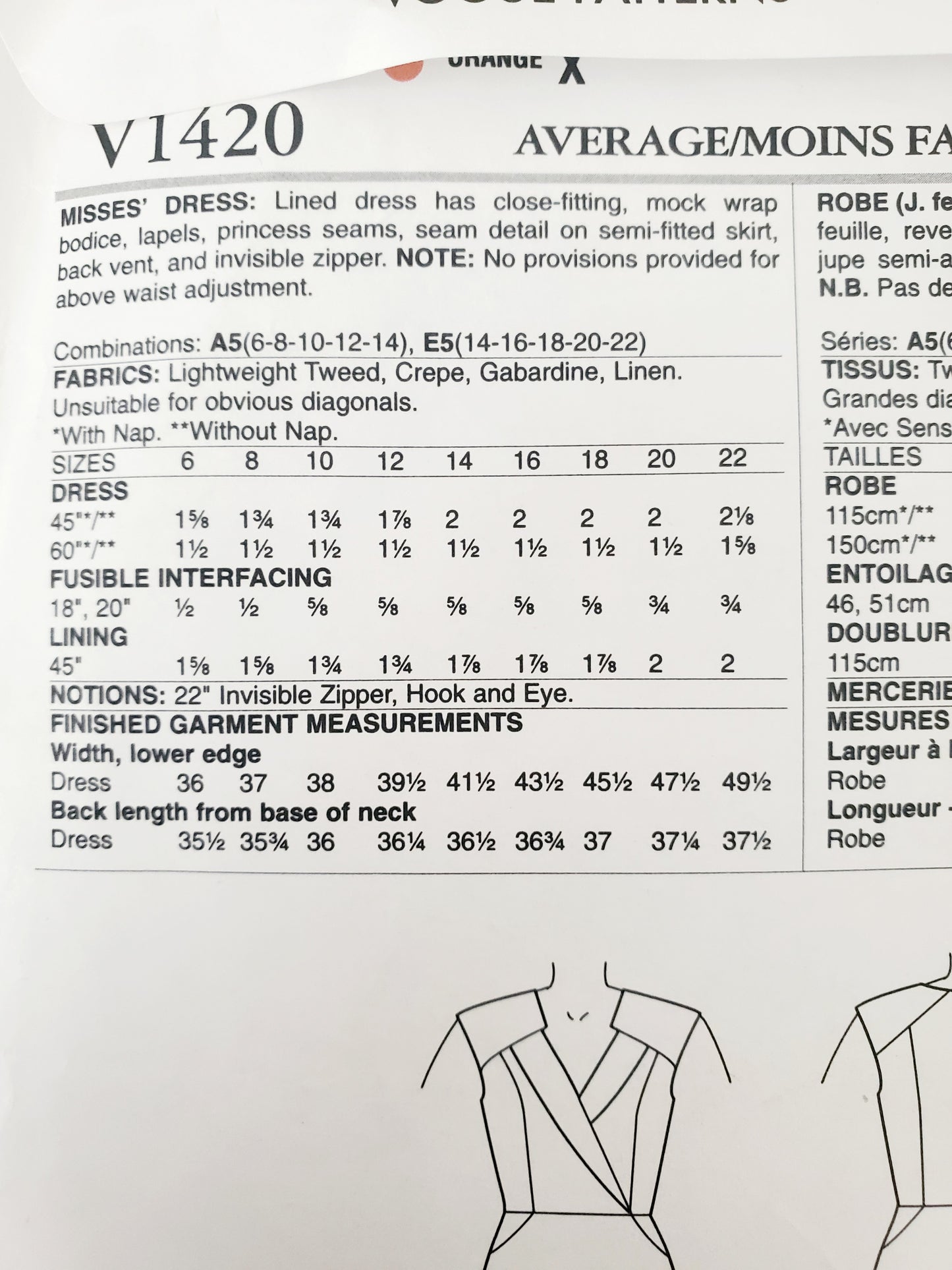 VOGUE PATTERNS, Sewing Pattern V1420, ANNE KLEIN, AMERICAN DESIGNER, Dress, Size 14-22