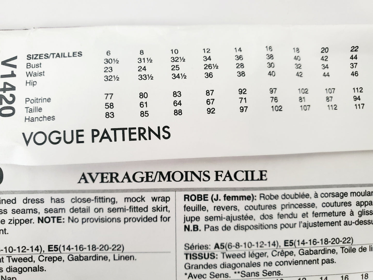 VOGUE PATTERNS, Sewing Pattern V1420, ANNE KLEIN, AMERICAN DESIGNER, Dress, Size 14-22