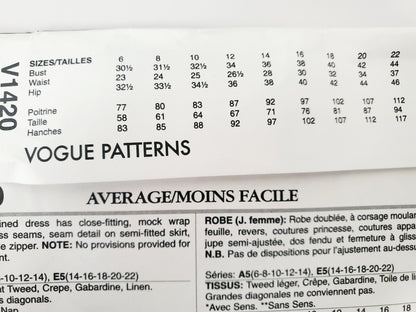 VOGUE PATTERNS, Sewing Pattern V1420, ANNE KLEIN, AMERICAN DESIGNER, Dress, Size 14-22