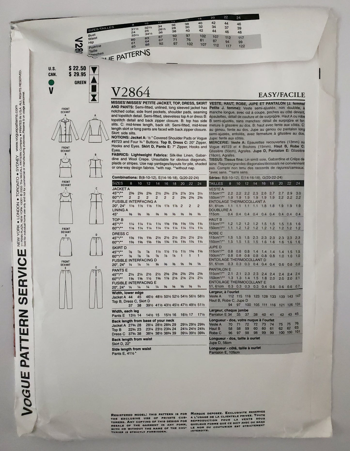 VOGUE PATTERNS, Sewing Pattern V2864, VOGUE WARDROBE, Jacket, Top, Dress, Skirt, Pants, Size 14-18
