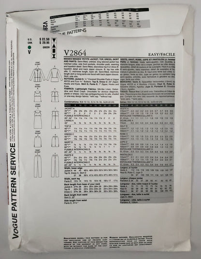 VOGUE PATTERNS, Sewing Pattern V2864, VOGUE WARDROBE, Jacket, Top, Dress, Skirt, Pants, Size 14-18