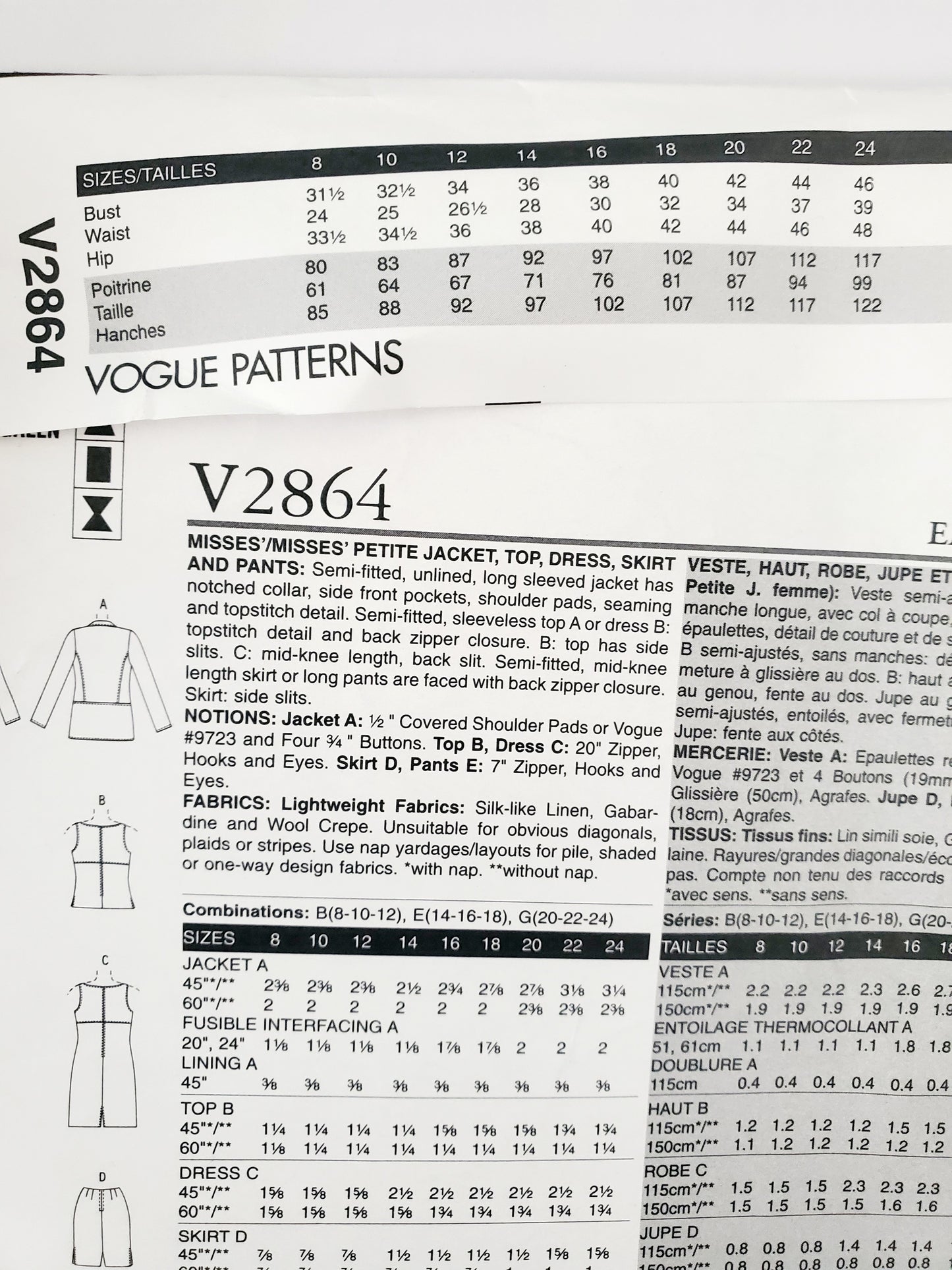 VOGUE PATTERNS, Sewing Pattern V2864, VOGUE WARDROBE, Jacket, Top, Dress, Skirt, Pants, Size 14-18