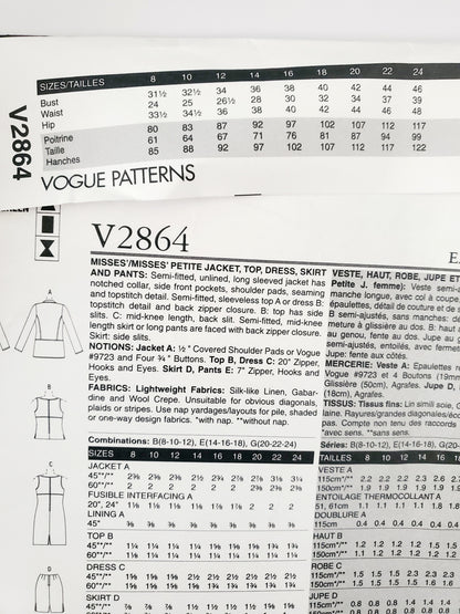 VOGUE PATTERNS, Sewing Pattern V2864, VOGUE WARDROBE, Jacket, Top, Dress, Skirt, Pants, Size 14-18
