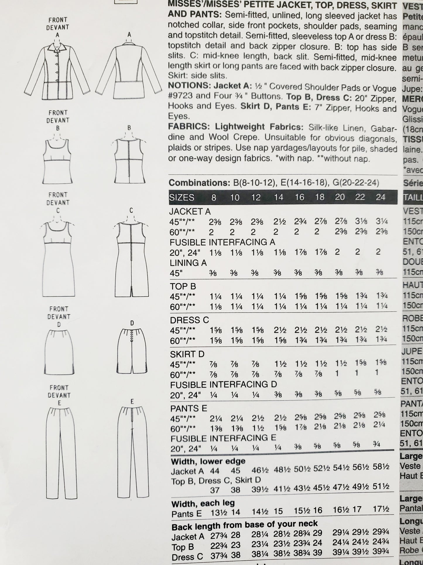 VOGUE PATTERNS, Sewing Pattern V2864, VOGUE WARDROBE, Jacket, Top, Dress, Skirt, Pants, Size 14-18