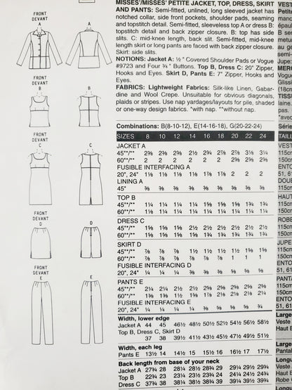 VOGUE PATTERNS, Sewing Pattern V2864, VOGUE WARDROBE, Jacket, Top, Dress, Skirt, Pants, Size 14-18