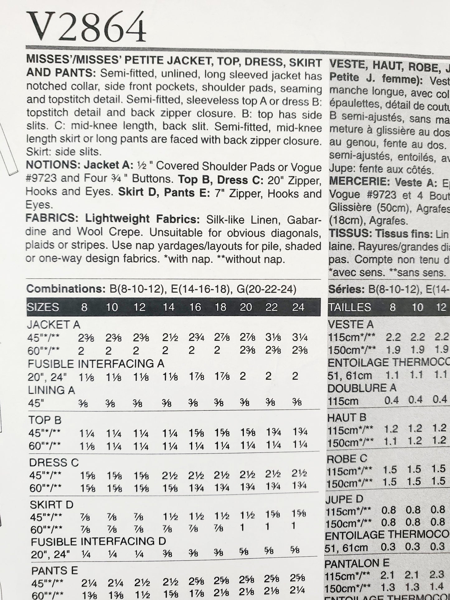 VOGUE PATTERNS, Sewing Pattern V2864, VOGUE WARDROBE, Jacket, Top, Dress, Skirt, Pants, Size 14-18