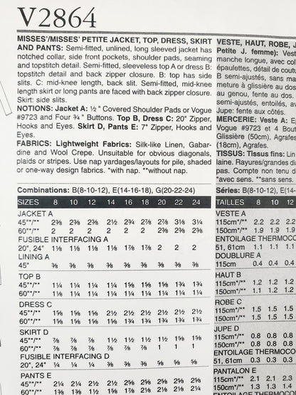 VOGUE PATTERNS, Sewing Pattern V2864, VOGUE WARDROBE, Jacket, Top, Dress, Skirt, Pants, Size 14-18