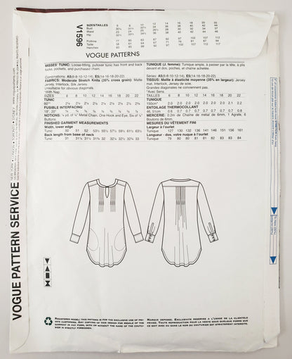 VOGUE PATTERNS, Sewing Pattern V1596, TRACY REESE, NEW YORK, AMERICAN DESIGNER, Tunic, Top, Size 6-14