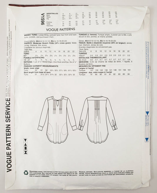 VOGUE PATTERNS, Sewing Pattern V1596, TRACY REESE, NEW YORK, AMERICAN DESIGNER, Tunic, Top, Size 6-14
