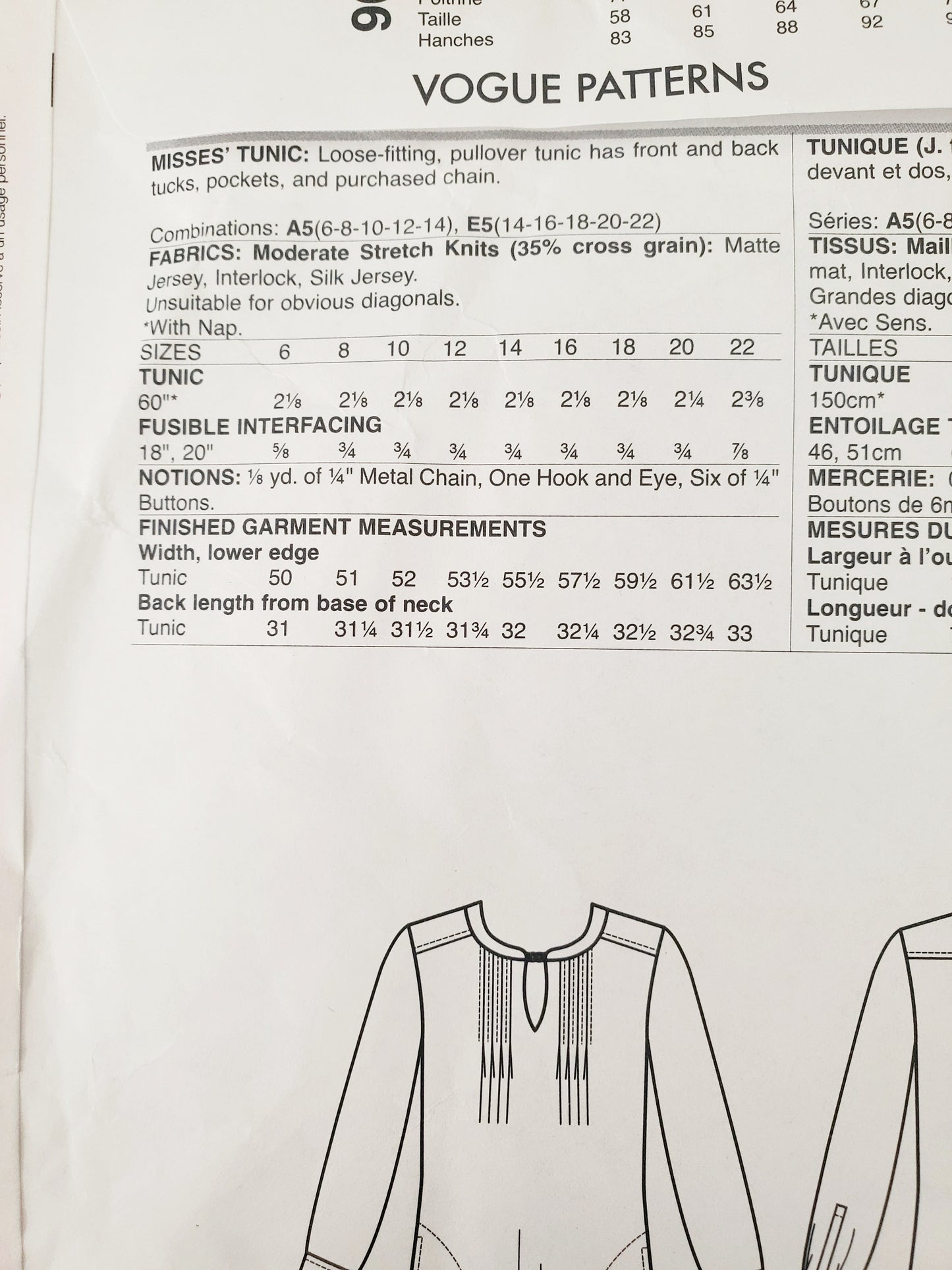 VOGUE PATTERNS, Sewing Pattern V1596, TRACY REESE, NEW YORK, AMERICAN DESIGNER, Tunic, Top, Size 6-14