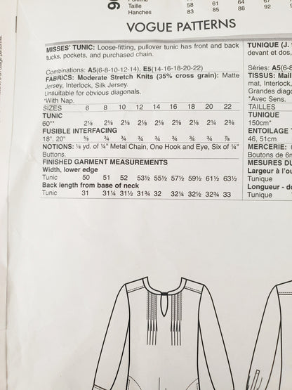VOGUE PATTERNS, Sewing Pattern V1596, TRACY REESE, NEW YORK, AMERICAN DESIGNER, Tunic, Top, Size 6-14