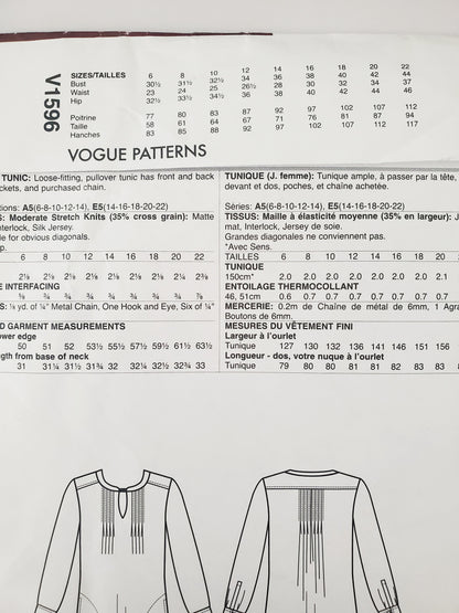 VOGUE PATTERNS, Sewing Pattern V1596, TRACY REESE, NEW YORK, AMERICAN DESIGNER, Tunic, Top, Size 6-14