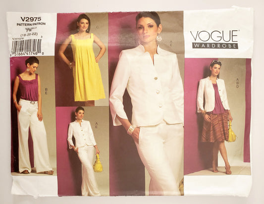 VOGUE PATTERNS, Sewing Pattern V2975, VOGUE WARDROBE, Jacket, Top, Dress, Skirt, Size 18-22