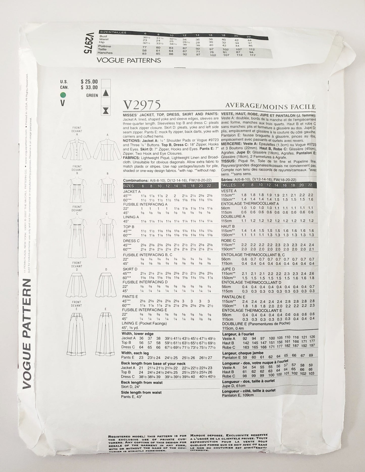 VOGUE PATTERNS, Sewing Pattern V2975, VOGUE WARDROBE, Jacket, Top, Dress, Skirt, Size 18-22