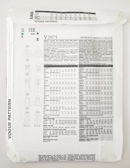 VOGUE PATTERNS, Sewing Pattern V2975, VOGUE WARDROBE, Jacket, Top, Dress, Skirt, Size 18-22