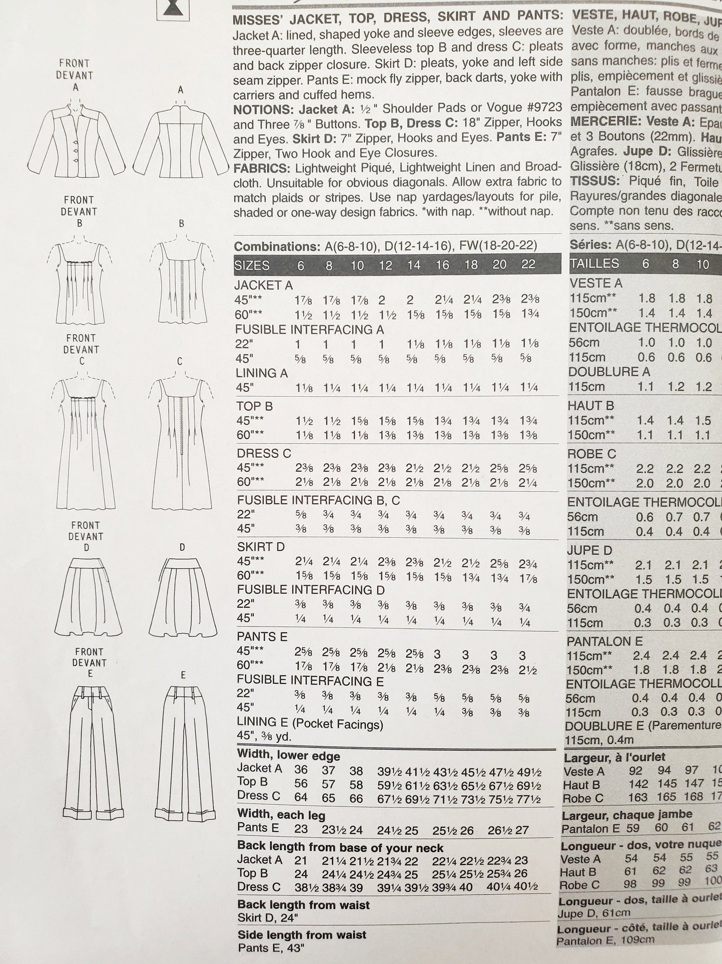 VOGUE PATTERNS, Sewing Pattern V2975, VOGUE WARDROBE, Jacket, Top, Dress, Skirt, Size 18-22