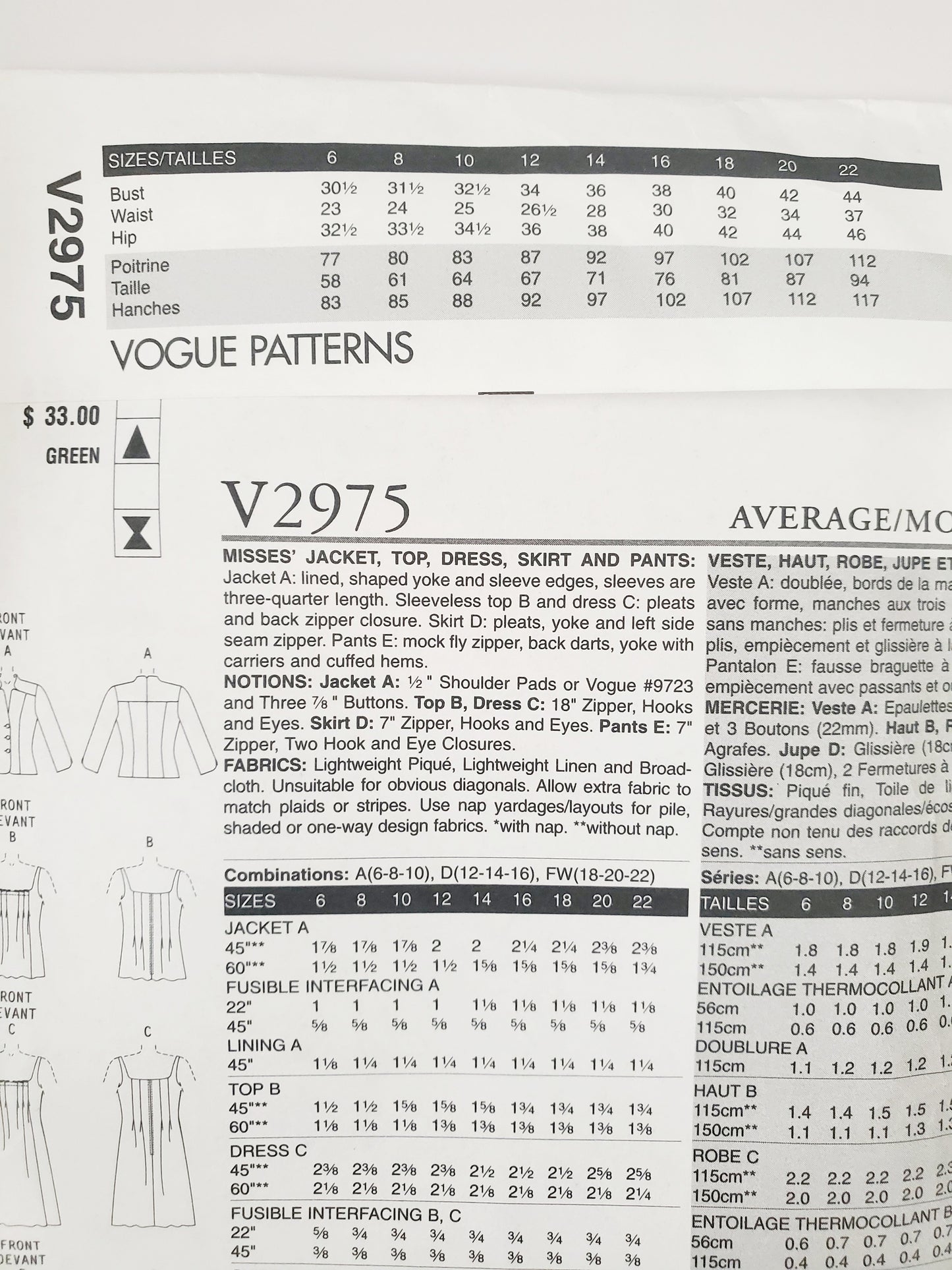 VOGUE PATTERNS, Sewing Pattern V2975, VOGUE WARDROBE, Jacket, Top, Dress, Skirt, Size 18-22