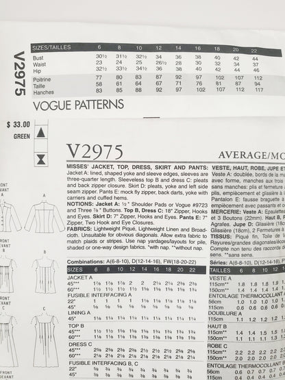 VOGUE PATTERNS, Sewing Pattern V2975, VOGUE WARDROBE, Jacket, Top, Dress, Skirt, Size 18-22