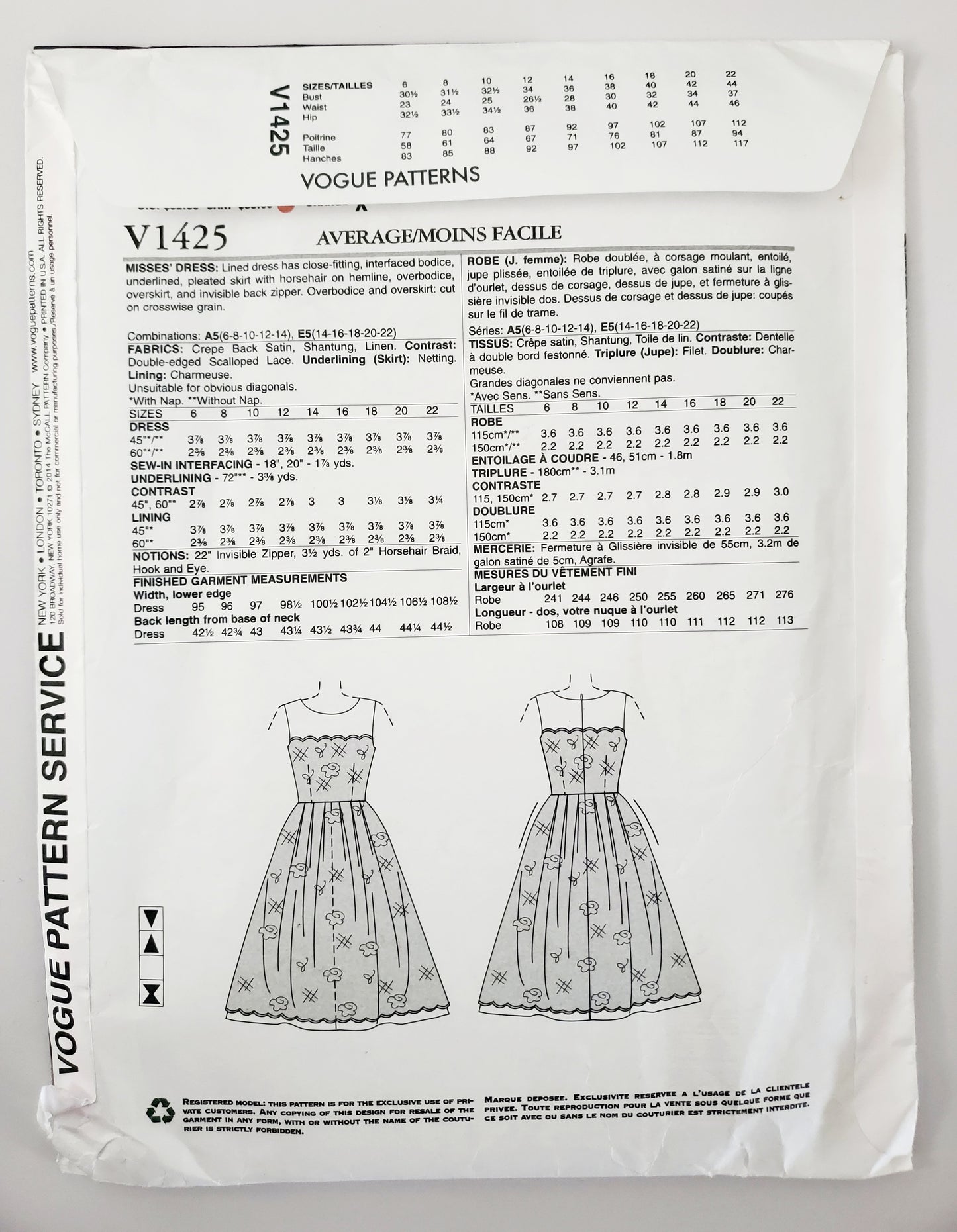 VOGUE PATTERNS, Sewing Pattern V1425, PAMELLA ROLAND, AMERICAN DESIGNER, Dress, Size 6-14