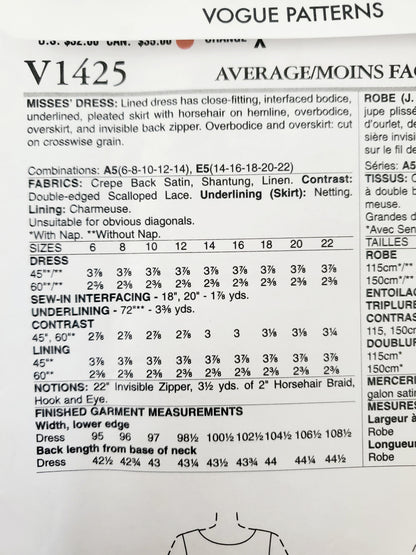 VOGUE PATTERNS, Sewing Pattern V1425, PAMELLA ROLAND, AMERICAN DESIGNER, Dress, Size 6-14