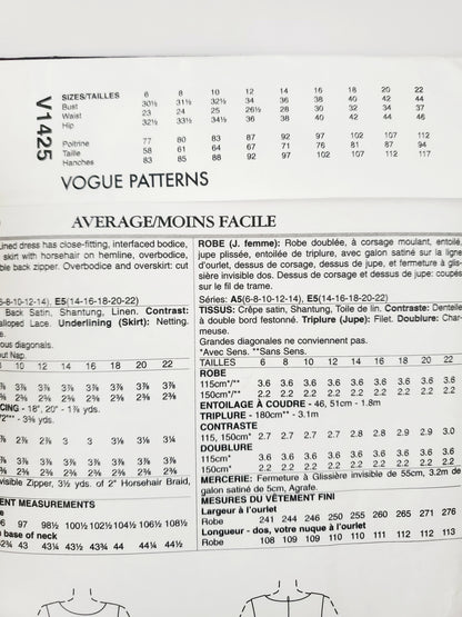 VOGUE PATTERNS, Sewing Pattern V1425, PAMELLA ROLAND, AMERICAN DESIGNER, Dress, Size 6-14