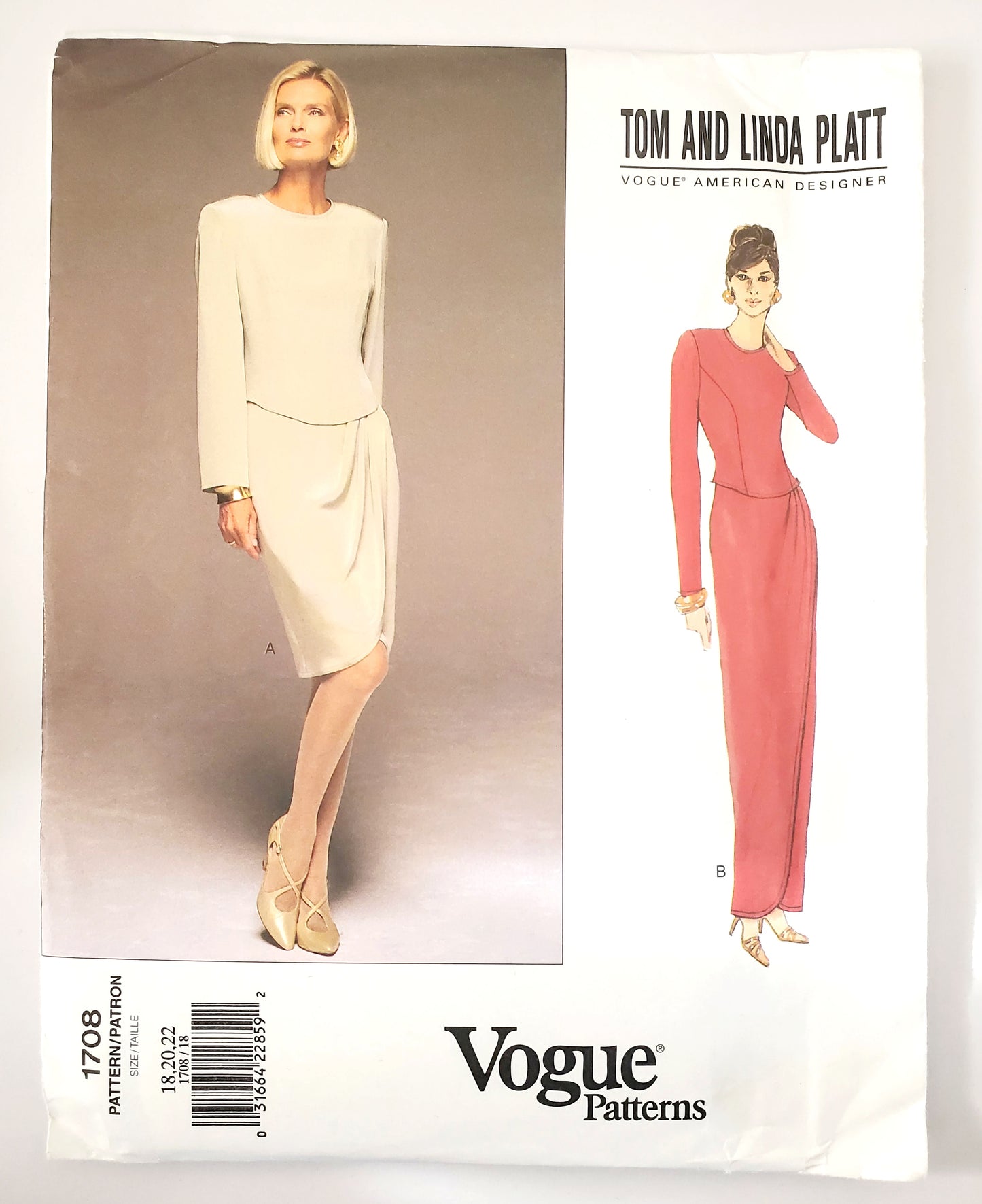 VOGUE PATTERNS, Sewing Pattern 1708, TOM & LINDA PLATT, American Designer, Dress, Dress with Pleated Right Front, Size 18-22