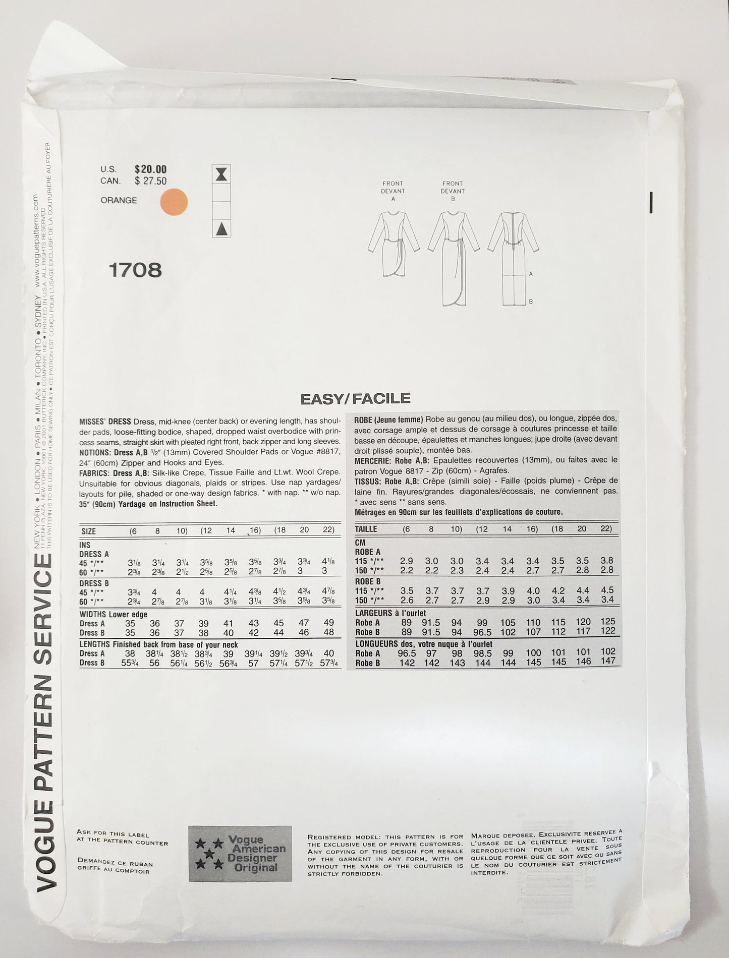 VOGUE PATTERNS, Sewing Pattern 1708, TOM & LINDA PLATT, American Designer, Dress, Dress with Pleated Right Front, Size 18-22