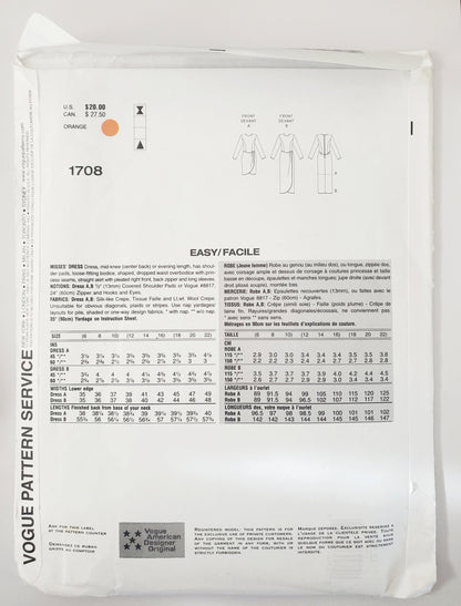 VOGUE PATTERNS, Sewing Pattern 1708, TOM & LINDA PLATT, American Designer, Dress, Dress with Pleated Right Front, Size 18-22