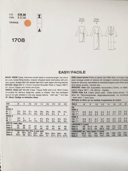 VOGUE PATTERNS, Sewing Pattern 1708, TOM & LINDA PLATT, American Designer, Dress, Dress with Pleated Right Front, Size 18-22