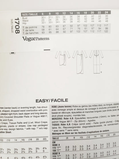 VOGUE PATTERNS, Sewing Pattern 1708, TOM & LINDA PLATT, American Designer, Dress, Dress with Pleated Right Front, Size 18-22