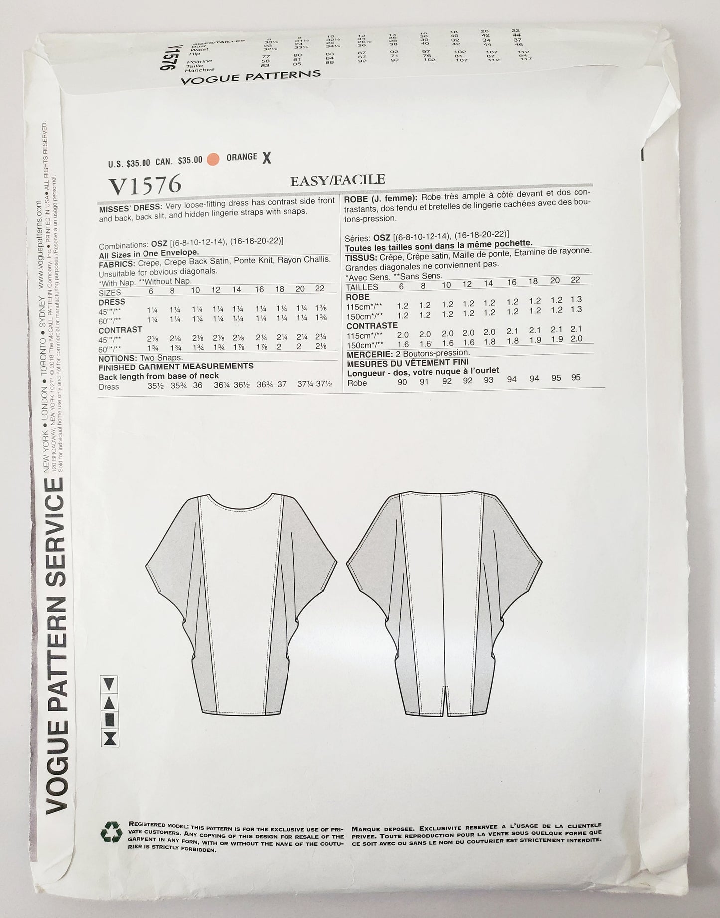 VOGUE PATTERNS, Sewing Pattern V1576, TOM & LINDA PLATT, American Designer, Dress, Loose Fitting Dress, Size 6-22