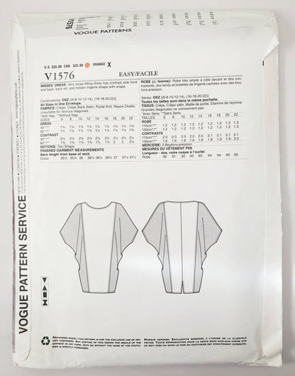 VOGUE PATTERNS, Sewing Pattern V1576, TOM & LINDA PLATT, American Designer, Dress, Loose Fitting Dress, Size 6-22