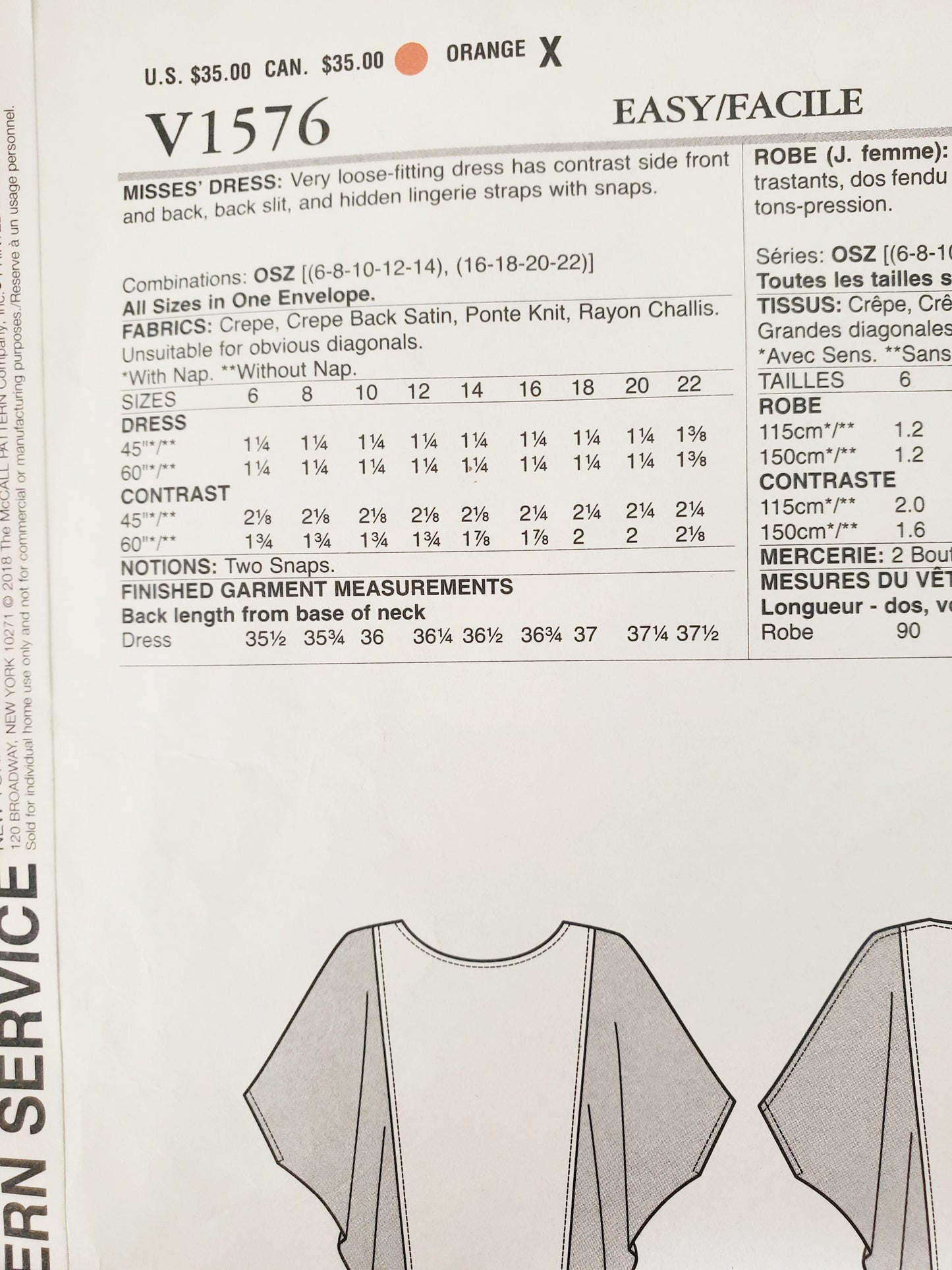 VOGUE PATTERNS, Sewing Pattern V1576, TOM & LINDA PLATT, American Designer, Dress, Loose Fitting Dress, Size 6-22