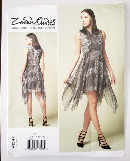 VOGUE Sewing Pattern V1547, ZANDRA RHODES, DESIGNER ORIGINAL, Dress, Dress with Shaped Hemline, Size 6-14
