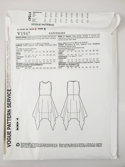 VOGUE Sewing Pattern V1547, ZANDRA RHODES, DESIGNER ORIGINAL, Dress, Dress with Shaped Hemline, Size 6-14