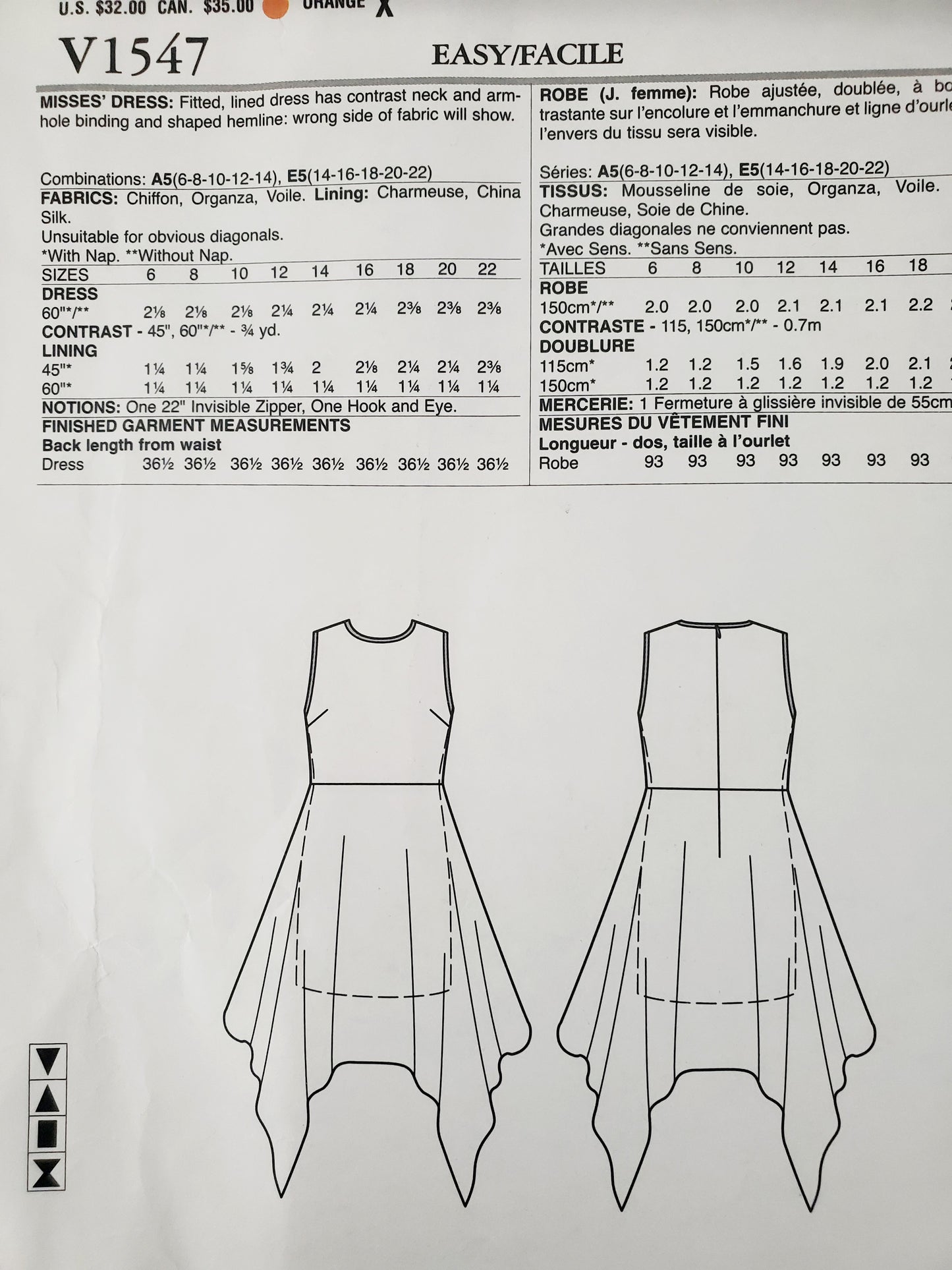 VOGUE Sewing Pattern V1547, ZANDRA RHODES, DESIGNER ORIGINAL, Dress, Dress with Shaped Hemline, Size 6-14