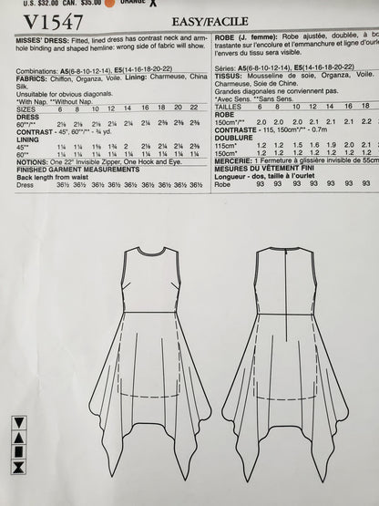 VOGUE Sewing Pattern V1547, ZANDRA RHODES, DESIGNER ORIGINAL, Dress, Dress with Shaped Hemline, Size 6-14